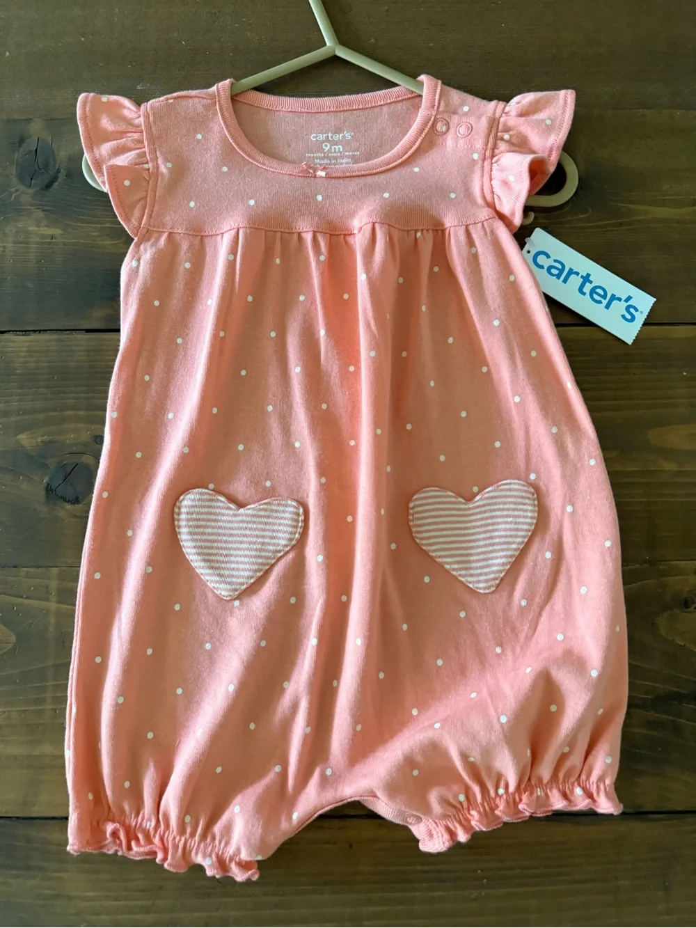 NWT Carter's Pink Polka Dot Heart Pocket Romper
